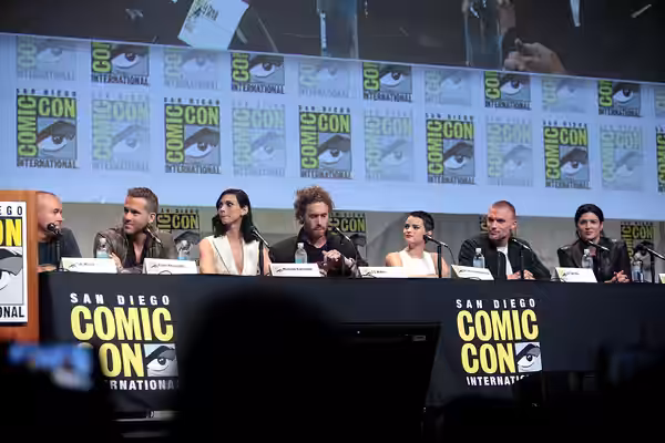 Tim Miller, Ryan Reynolds, Morena Baccarin, T.J. Miller, Brianna Hildebrand, Ed Skrein and Gina Carano speaking at the 2015 San Diego Comic-Con International, f