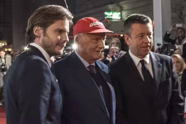 Daniel Brühl, Niki Lauda and Peter Morgan at the premiere of Rush in Vienna, Austria. 30.09.2013