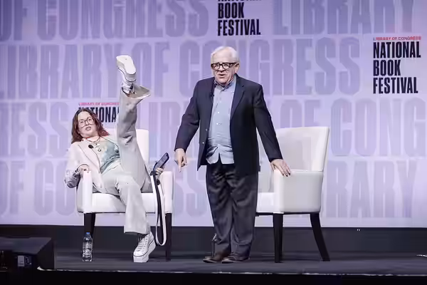Megan Mullally and Leslie Jordan speak on the Main Stage at the National Book Festival, September 3, 2022. Photo by Shawn Miller/Library of Congress. Note: Priv