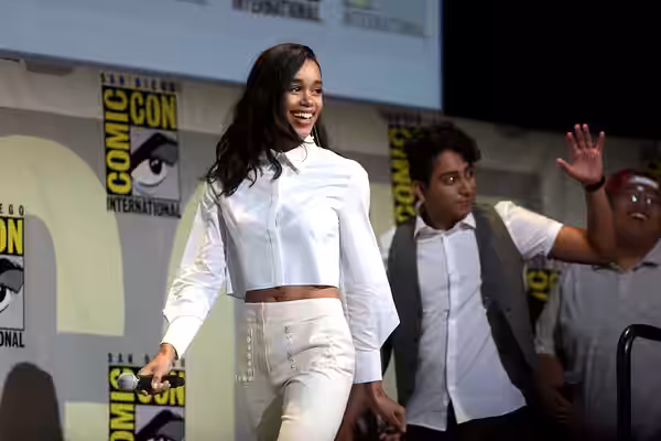 Laura Harrier and Tony Revolori speaking at the 2016 San Diego Comic Con International, for "Spider-Man: Homecoming", at the San Diego Convention Center in San 