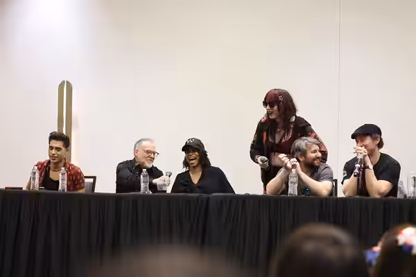 Brandon Rogers, Richard Horvitz, Vivian Nixon, Morgana Ignis, Alex Brightman and Bryce Pinkham speaking with attendees at the 2025 Anime Arizona at the Renaissa