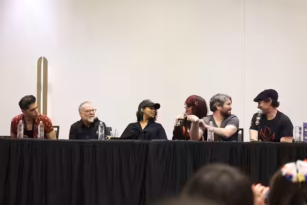 Brandon Rogers, Richard Horvitz, Vivian Nixon, Morgana Ignis, Alex Brightman and Bryce Pinkham speaking with attendees at the 2025 Anime Arizona at the Renaissa