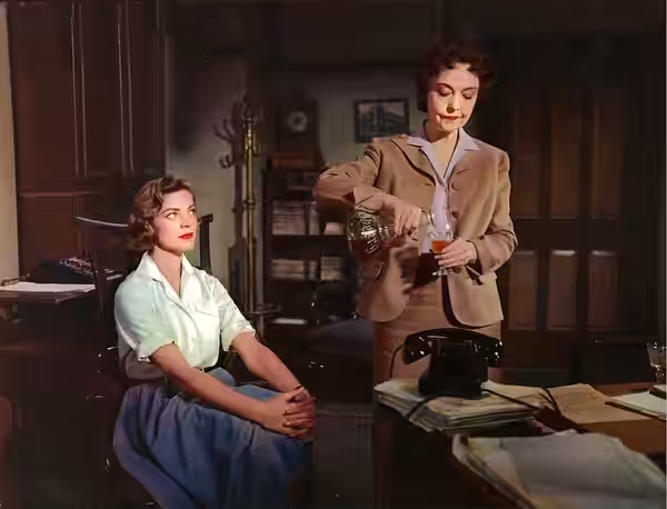 Lauren Bacall and Lillian Gish in The Cobweb (1955) publicity still.