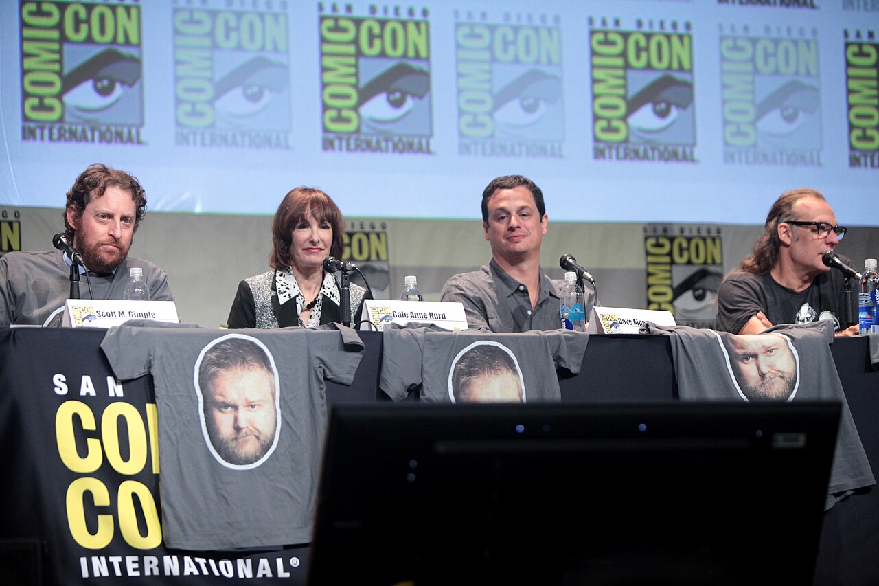 Scott M. Gimple, Gale Anne Hurd, Dave Alpert and Greg Nicotero speaking at the 2015 San Diego Comic Con International, for "The Walking Dead", at the San Diego 