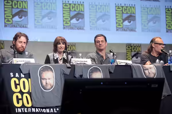 Scott M. Gimple, Gale Anne Hurd, Dave Alpert and Greg Nicotero speaking at the 2015 San Diego Comic Con International, for "The Walking Dead", at the San Diego 