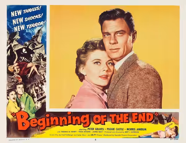 Peggie Castle (aka Peggy Castle) and Peter Graves in Beginning of the End (1957) - promotional poster