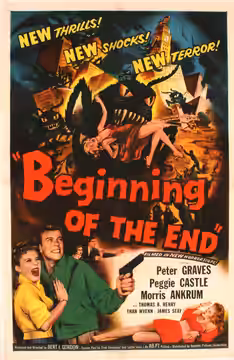 Poster for the American science fiction film Beginning of the End (1957). At bottom is Litho in USA and (numbers look like) 58786 57/530.
