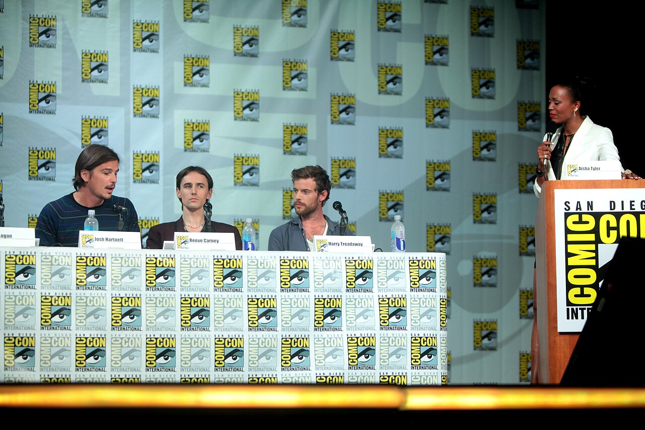 Josh Hartnett, Reeve Carney, Harry Treadaway and Aisha Tyler speaking at the 2014 San Diego Comic Con International, for "Penny Dreadful", at the San Diego Conv