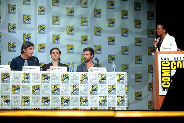 Josh Hartnett, Reeve Carney, Harry Treadaway and Aisha Tyler speaking at the 2014 San Diego Comic Con International, for "Penny Dreadful", at the San Diego Conv