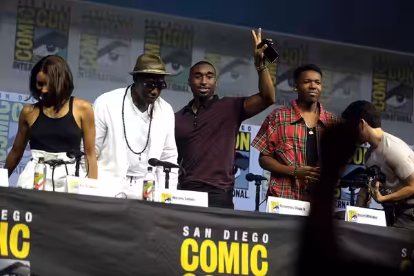 Kat Graham, Wesley Snipes, Demetrius Shipp Jr., Denzel Whitaker and Keean Johnson speaking at the 2018 San Diego Comic Con International, for "Cut Throat City",