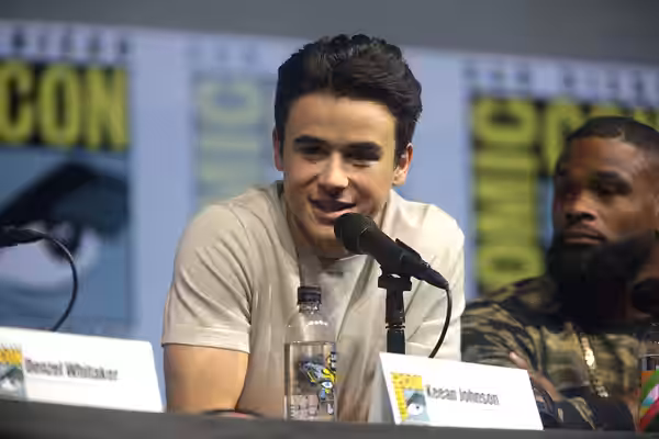 Keean Johnson speaking at the 2018 San Diego Comic Con International, for "Cut Throat City", at the San Diego Convention Center in San Diego, California. Please
