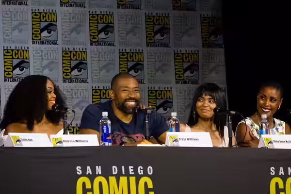 Nafessa Williams, Cress Williams, China Anne McClain and Christine Adams speaking at the 2017 San Diego Comic Con International, for "Black Lightning", at the S