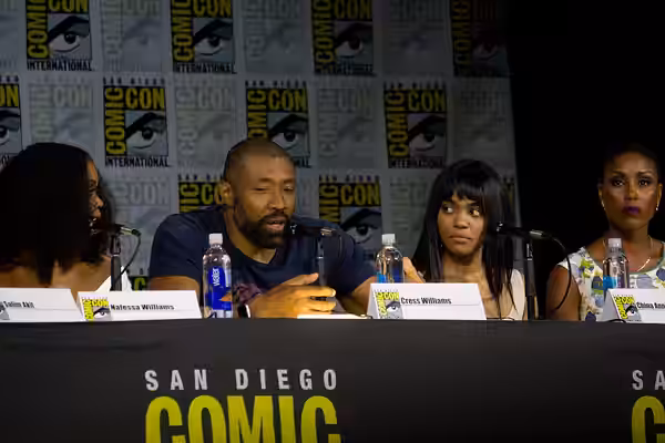 Nafessa Williams, Cress Williams, China Anne McClain and Christine Adams speaking at the 2017 San Diego Comic Con International, for "Black Lightning", at the S