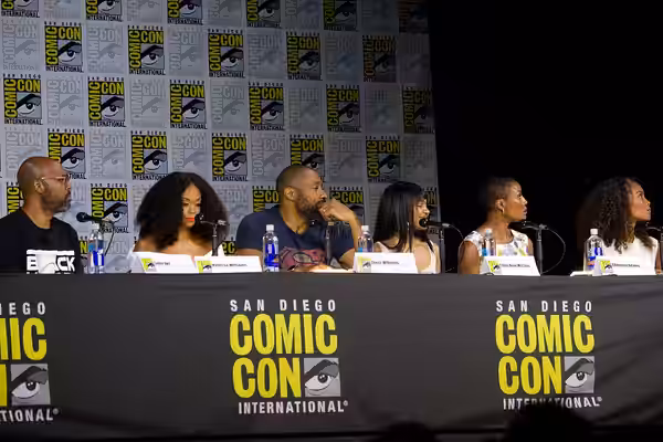 Salim Akil, Nafessa Williams, Cress Williams, China Anne McClain, Christine Adams and Mara Brock Akil speaking at the 2017 San Diego Comic Con International, fo