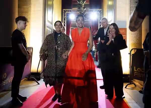 Actress Golshifteh Farahani leaving the red carpet with Maja Hoffman, President of the 78th Locarno Film Festival (2025)