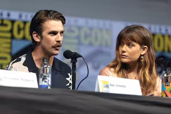 Dan Stevens and Rachel Keller speaking at the 2018 San Diego Comic Con International, for "Legion", at the San Diego Convention Center in San Diego, California.