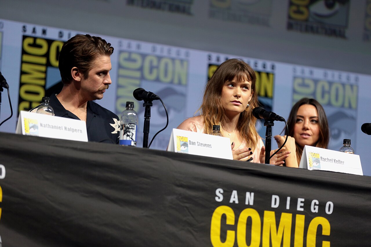 Dan Stevens, Rachel Keller and Aubrey Plaza speaking at the 2018 San Diego Comic Con International, for "Legion", at the San Diego Convention Center in San Dieg