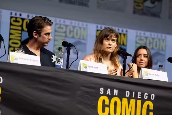 Dan Stevens, Rachel Keller and Aubrey Plaza speaking at the 2018 San Diego Comic Con International, for "Legion", at the San Diego Convention Center in San Dieg