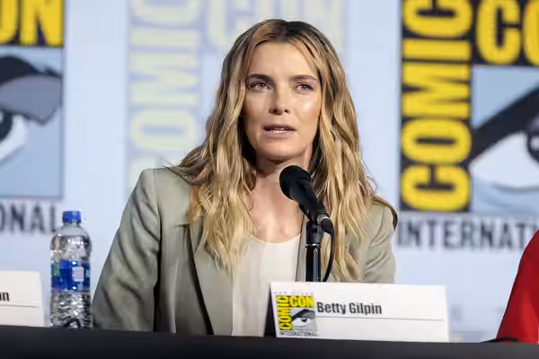 Betty Gilpin speaking at the 2019 San Diego Comic Con International, for "Entertainment Weekly: Women Who Kick Ass", at the San Diego Convention Center in San D