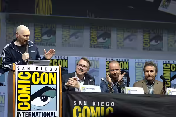 Bill Burr, Vince Gilligan, Aaron Paul and Bryan Cranston speaking at the 2018 San Diego Comic Con International, for "Breaking Bad 10th Anniversary Reunion", at