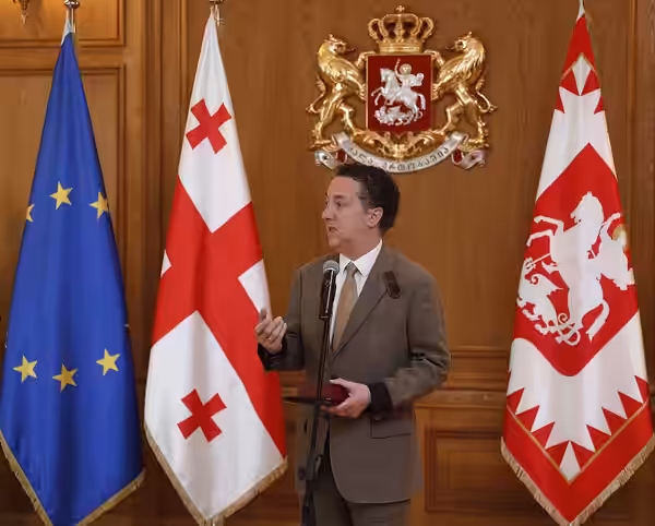 A French actor and Georgian diaspora member Guillaume Gallienne giving a speech after the Georgian President Salome Zourabichvili awarded him with a Medal of Ho (2022)