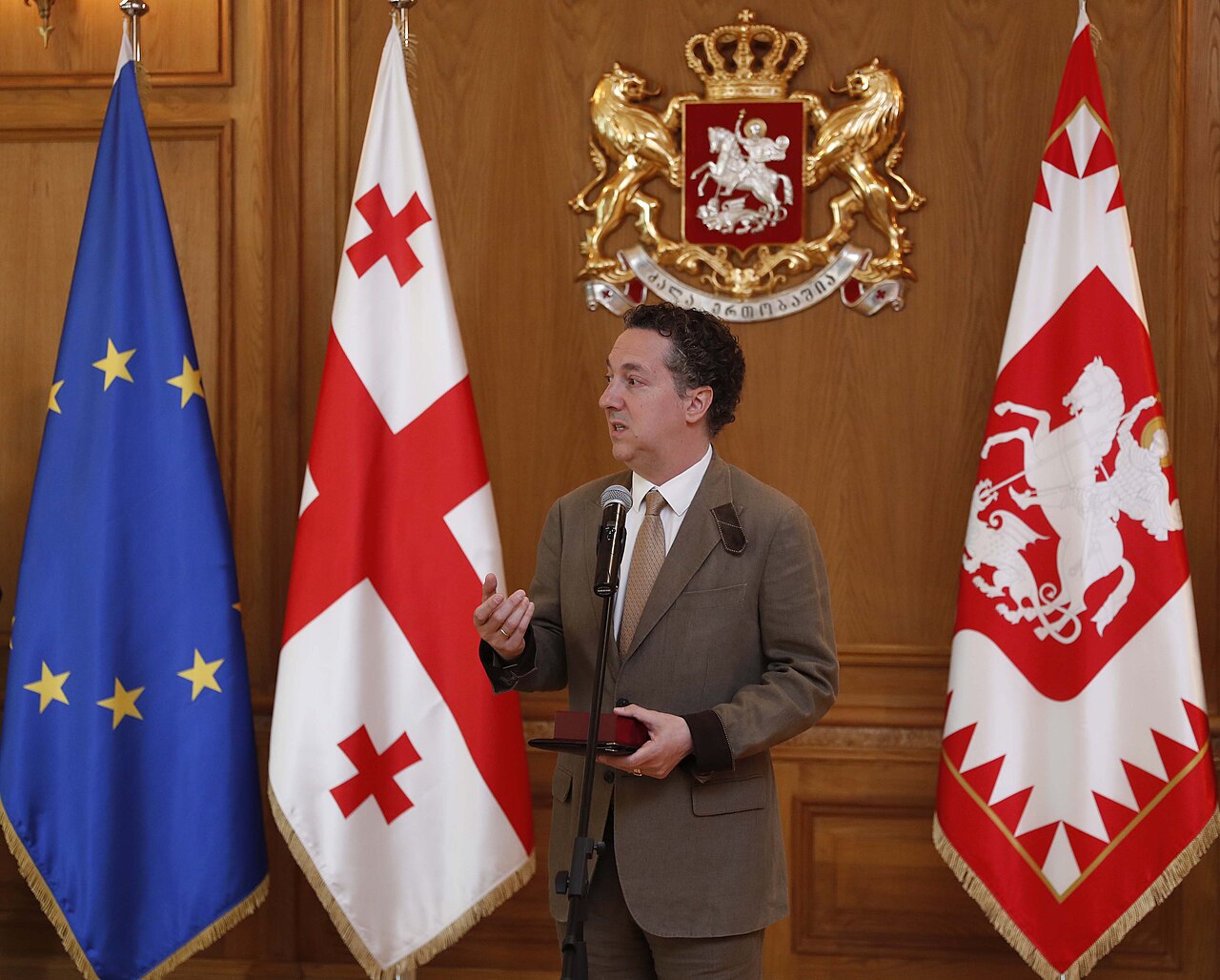 A French actor and Georgian diaspora member Guillaume Gallienne giving a speech after the Georgian President Salome Zourabichvili awarded him with a Medal of Ho (2022)
