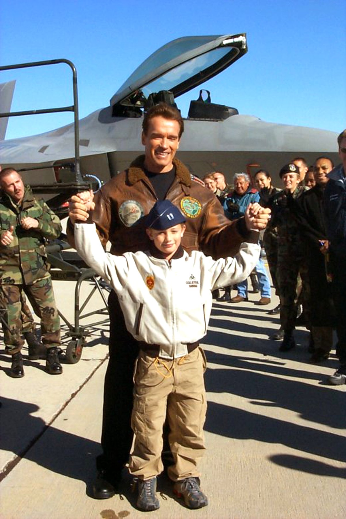 Arnold Schwarzenegger and son Patrick at Edwards Air Force Base, California in December 2002.