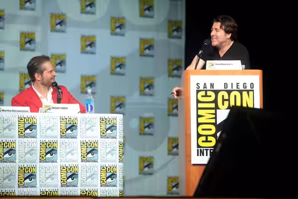 Bryan Fuller and Jonathan Ross speaking at the 2014 San Diego Comic Con International, for "Hannibal", at the San Diego Convention Center in San Diego, Californ