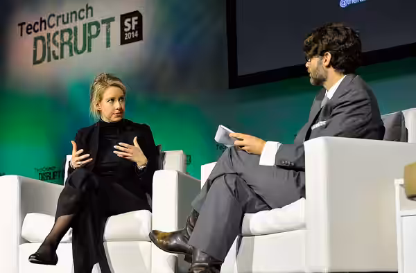 SAN FRANCISCO, CA - SEPTEMBER 08: Theranos Chairman, CEO and Founder Elizabeth Holmes (L) and TechCrunch Writer and Moderator Jonathan Shieber speak onstage at  (2014)