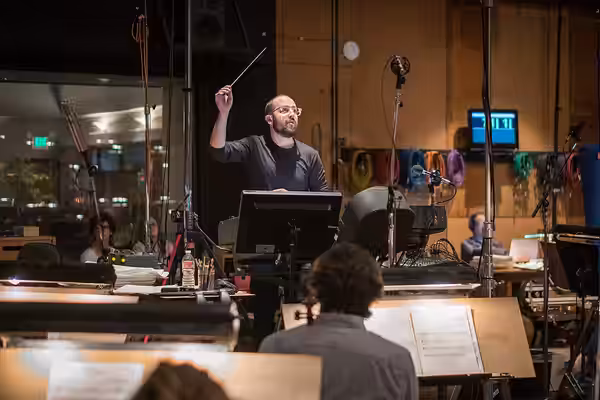 Trapanese conducting his score for Disney's "Lady and the Tramp" (2019) at Sony Scoring Stage.