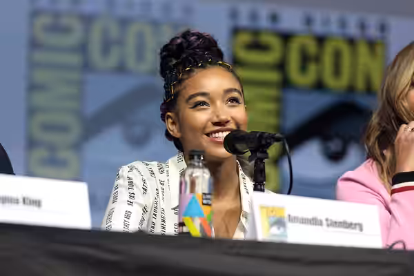 Amandla Stenberg speaking at the 2018 San Diego Comic Con International, for "Entertainment Weekly's Women Who Kick Ass", at the San Diego Convention Center in 