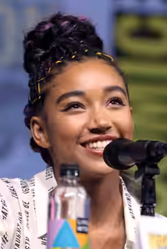 Amandla Stenberg speaking at the 2018 San Diego Comic-Con International in San Diego, California.