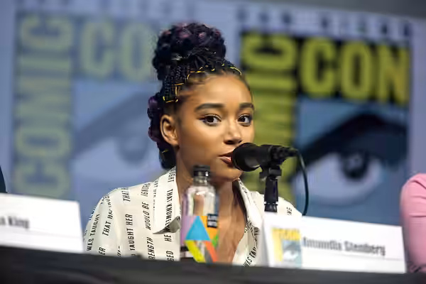 Amandla Stenberg speaking at the 2018 San Diego Comic Con International, for "Entertainment Weekly's Women Who Kick Ass", at the San Diego Convention Center in 