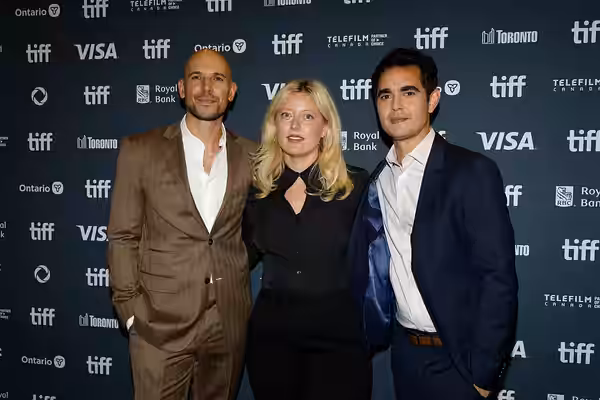 Fred Berger, Suzie Riemer, and Max Minghella at the 2024 Toronto International Film Festival (TIFF) for the movie Shell.