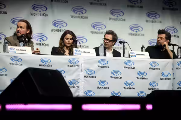 Matt Reeves, Keri Russell, Gary Oldman and Andy Serkis speaking at the 2014 WonderCon, for "Dawn of the Planet of the Apes", at the Anaheim Convention Center in