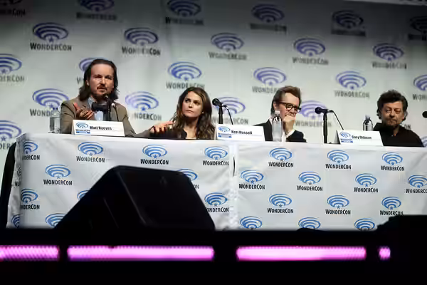 Matt Reeves, Keri Russell, Gary Oldman and Andy Serkis speaking at the 2014 WonderCon, for "Dawn of the Planet of the Apes", at the Anaheim Convention Center in