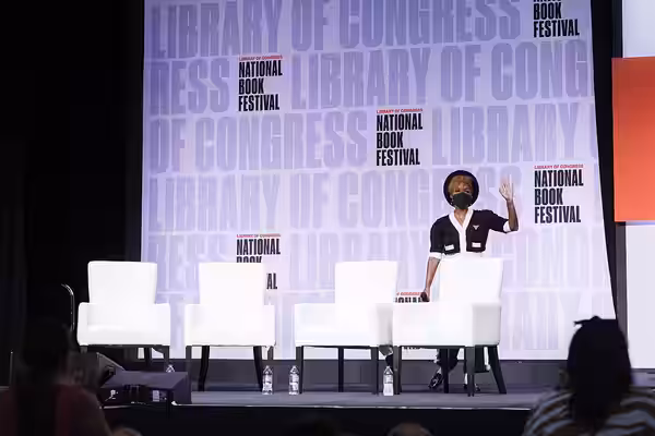 Janelle Monae discusses her book, "The Memory Librarian," with Kyle Dargan on the Main Stage at the 2022 National Book Festival, September 3, 2022. Photo by Sha
