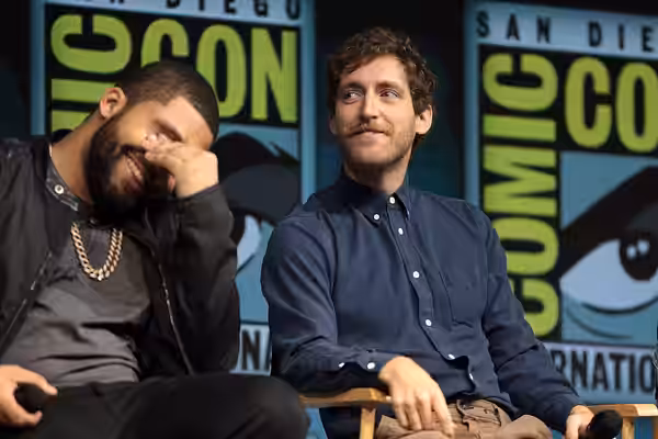 O'Shea Jackson Jr. and Thomas Middleditch speaking at the 2018 San Diego Comic Con International, for "Godzilla: King of the Monsters", at the San Diego Convent