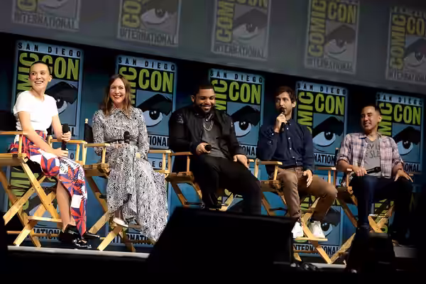 Millie Bobby Brown, Vera Farmiga, O'Shea Jackson Jr., Thomas Middleditch and Michael Dougherty speaking at the 2018 San Diego Comic Con International, for "Godz