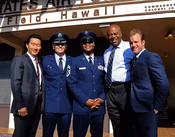 U.S. Air Force Col. Johnny Roscoe, second from left, the commander of the 15th Wing (WG), and Chief Master Sgt. Leslie Bramlett, center, the command chief for t (2013)
