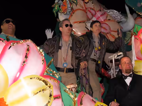 Cast members of television comedy "Reno 911" on float of Orpheus parade, New Orleans Mardi Gras (2009)