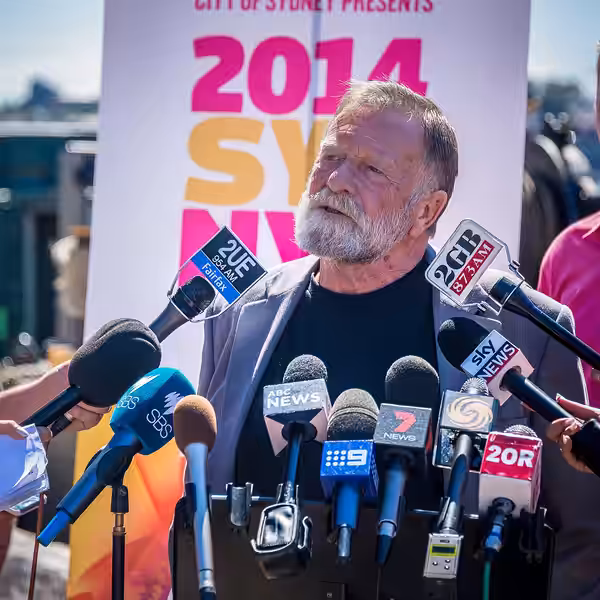 Creative ambassador for the New Year’s Eve Fireworks, veteran actor Jack Thompson speaks at the media briefing on New Years Eve. (2015)
