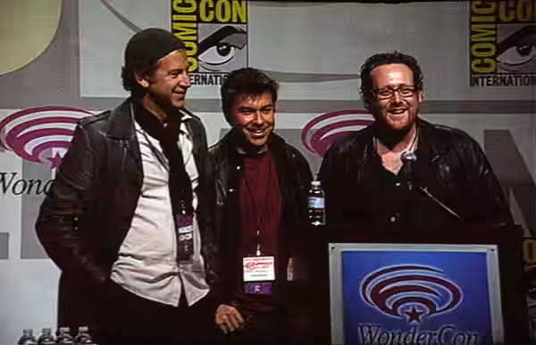 The producers of the TV series Happy Town at a panel promoting the series at WonderCon 2010. From left to right: Scott Rosenberg, André Nemec, and Josh Appelbau