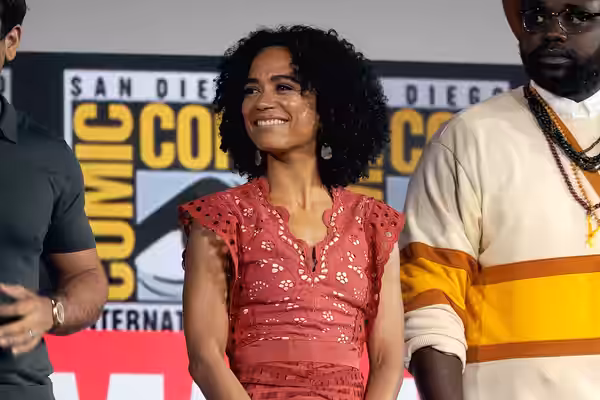 Lauren Ridloff speaking at the 2019 San Diego Comic Con International, for "The Eternals", at the San Diego Convention Center in San Diego, California. Please a