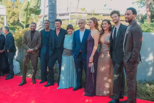 Laz Alonso, Jessie T. Usher, Karl Urban, Karen Fukuhara, Eric Kripke, Colby Minifie, Erin Moriarty, Jack Quaid, and Nathan Mitchell at the 53rd Saturn Awards (2026)