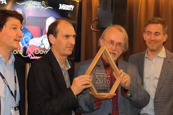 Founders of the British animation studio, Aardman, David Sproxton and Peter Lord at the 2016 Annecy International Animation Film Festival's MIFA tradeshow where