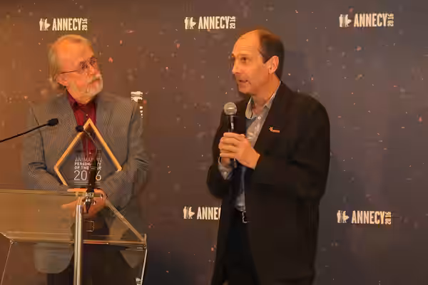 Founders of the British animation studio, Aardman, Peter Lord and David Sproxton at the 2016 Annecy International Animation Film Festival's MIFA tradeshow where