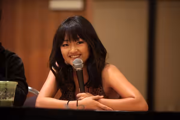 Amy Okuda speaking at the 2014 Comic Media Expo, for "The Guild", at the Mesa Convention Center in Mesa, Arizona. Please attribute to Gage Skidmore if used else