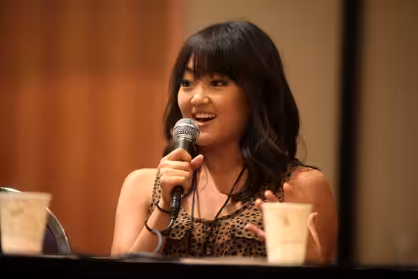 Amy Okuda speaking at the 2014 Comic Media Expo, for "The Guild", at the Mesa Convention Center in Mesa, Arizona. Please attribute to Gage Skidmore if used else