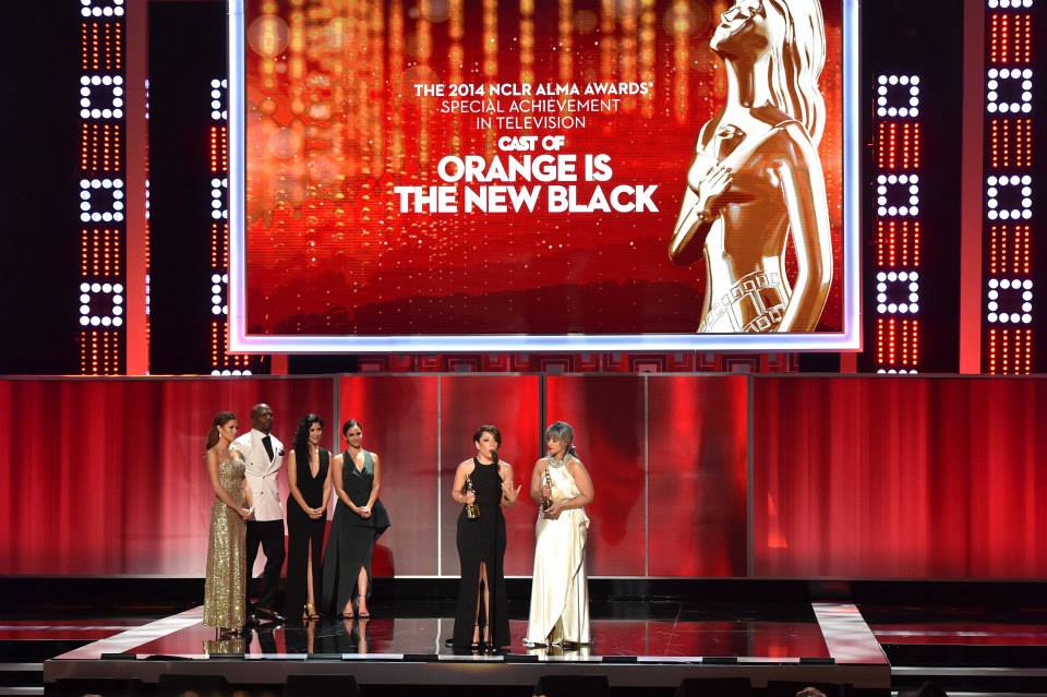 (L-R) Actors Terry Crews (2nd from left), Stephanie Beatriz and Melissa Fumero present actresses Selenis Leyva and Dascha Polanco the Special Achievement in Tel (2014)